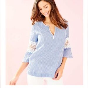 NWT Lilly Pulitzer Amelia Island Flounce Sleeve Tunic Top in Blue Oxford Stripe